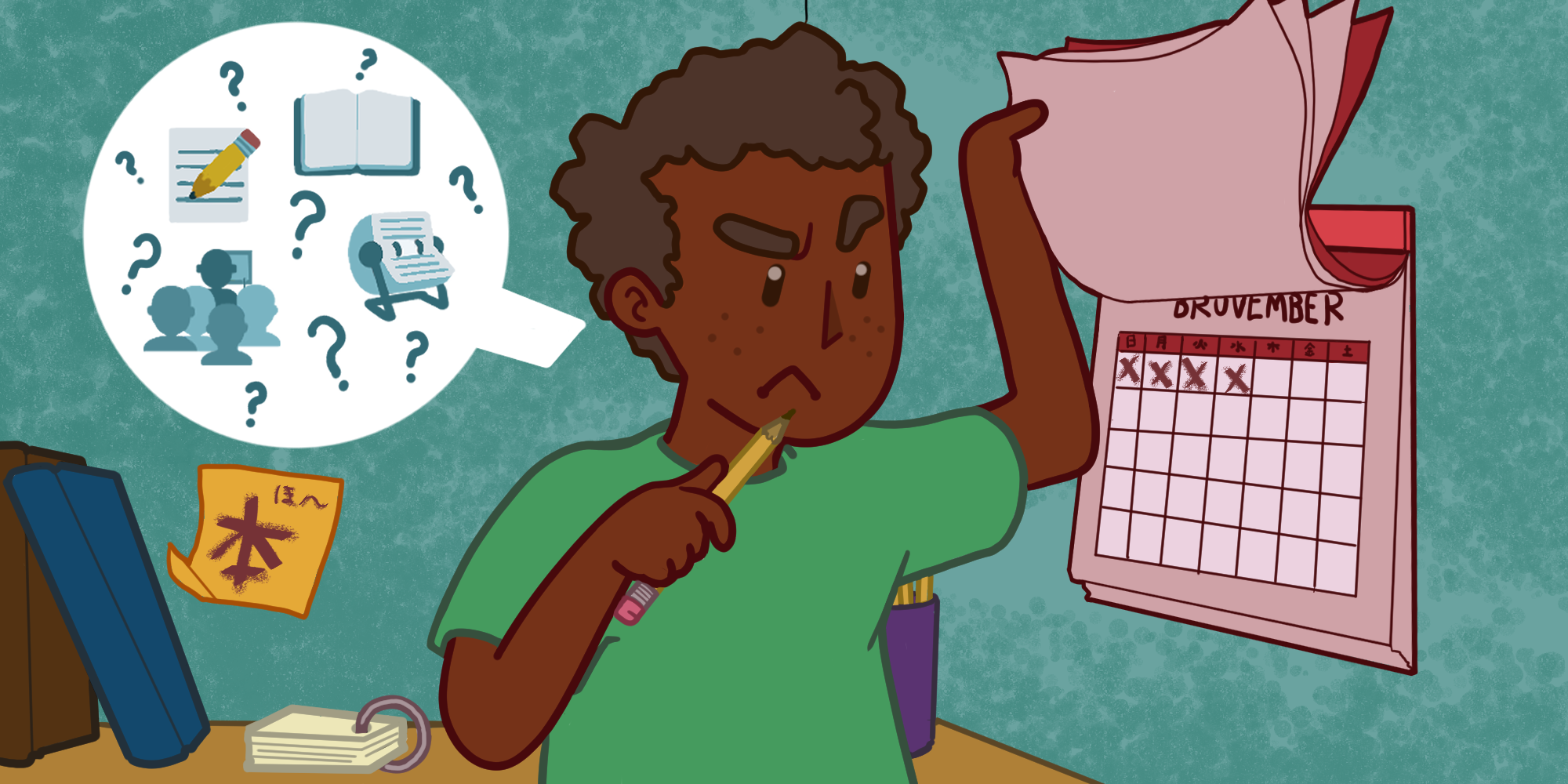 A guy checking his calendar, thinking of ways to study.