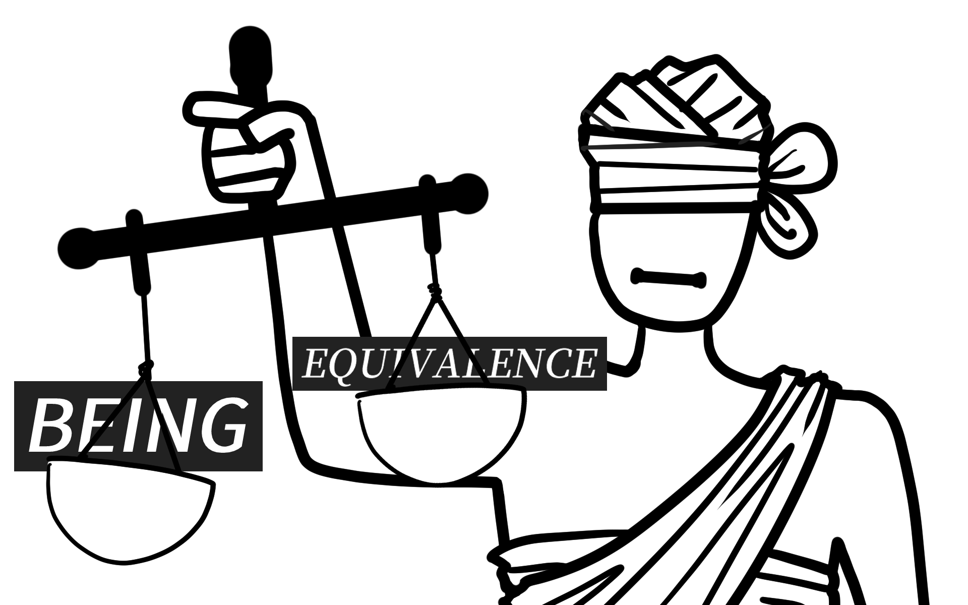 A mysterious blindfolded entity holding the scales weighted by 'being' and 'equivalence'.