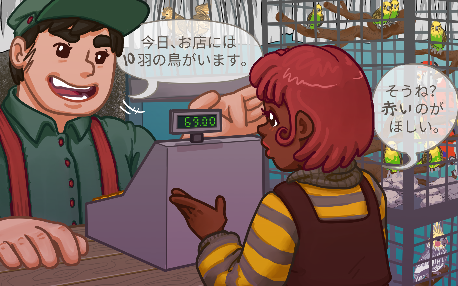 Tisha talking to the shopkeeper at a bird shop like in the example above. Tisha has red hair and a cute yellow and grey shirt with maroon overalls. The shopkeeper is in a green uniform with red suspenders. The shop is filled with 10 birds, one of which is a large red macaw. The other birds are various canaries and a cockatiel.