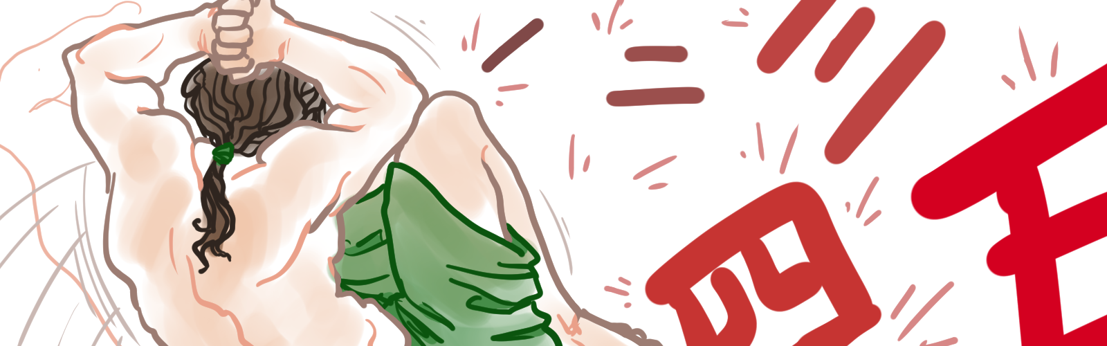 A muscular man with long brown hair doing situps, and counting the reps in Japanese.