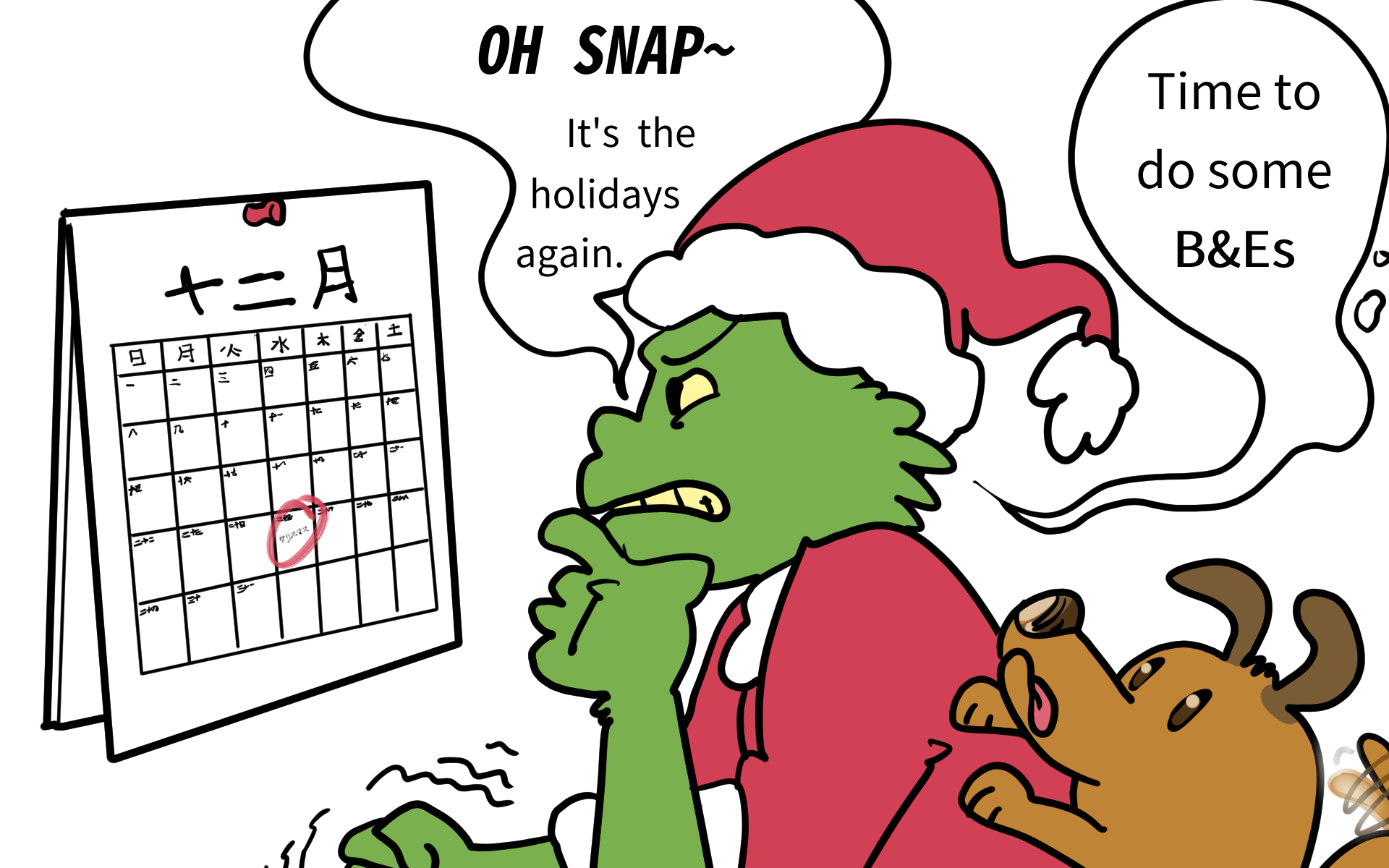 The Grinch looking at his calendar, being reminded of his favourite event.