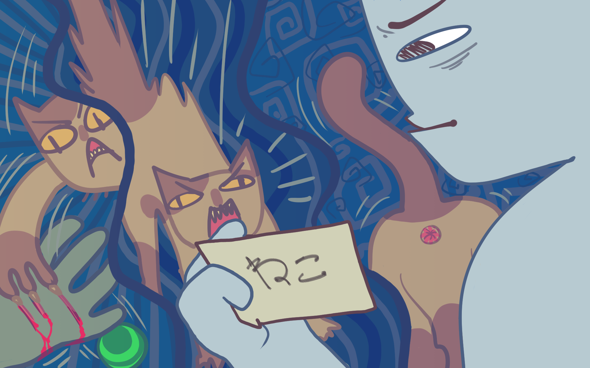 A person looking at one side of his flashcard with the word ねこ (cat) on it. He is trying to remember all the experiences he has had with cat: being sratched, being screeched at, cat butt in the face.