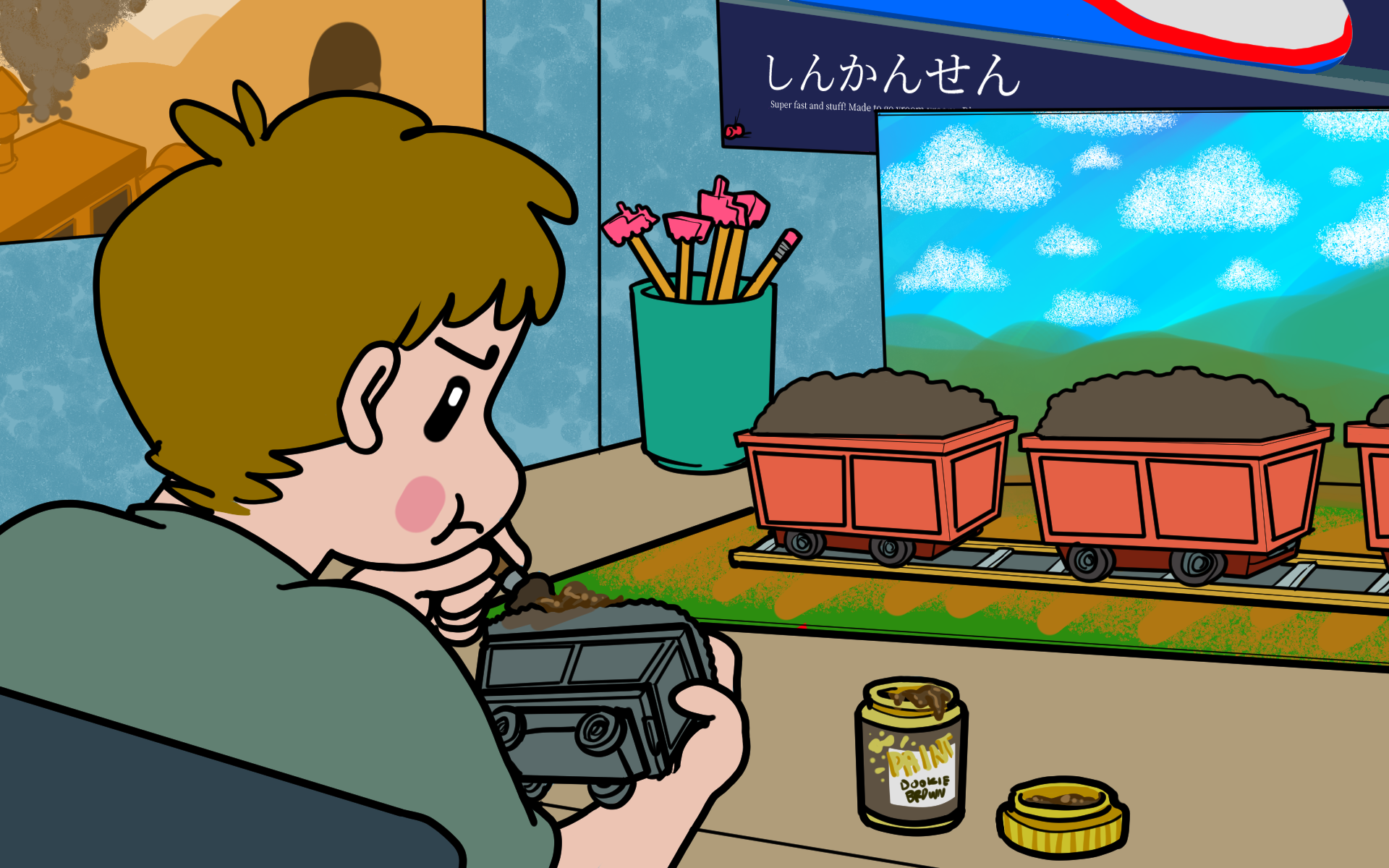 A person enjoying their hobby of painting model trains. A Japanese poster in the background can be seen. It says しんかんせん.