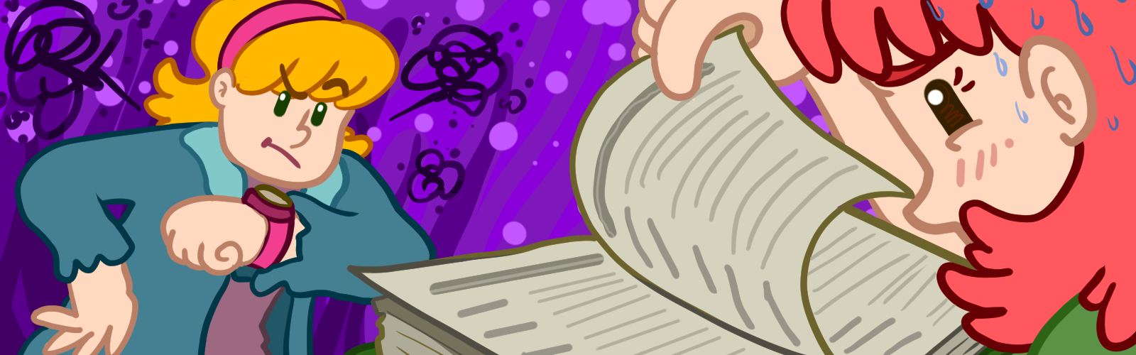A lady is frantically rushing through a dictionary to find a word while another lady impatiently waits.