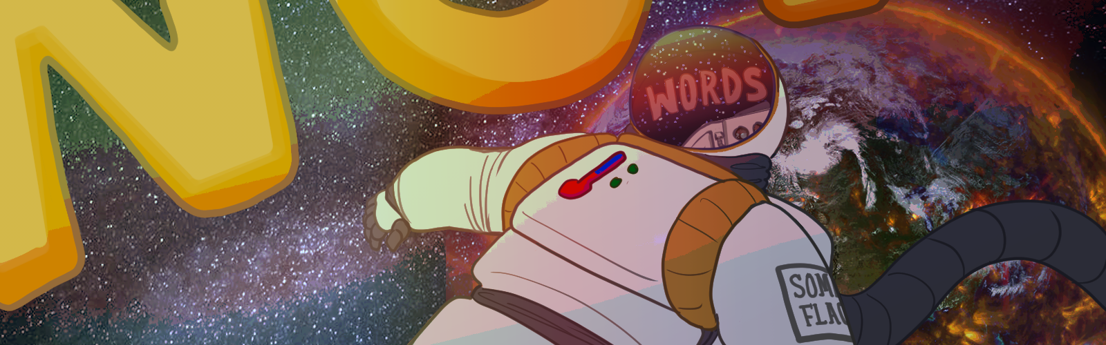 An astronaut floating in space, above the Earth. There are a set of giant UFOs floating above them. It looks like they are spelling the word 'WORDS'.