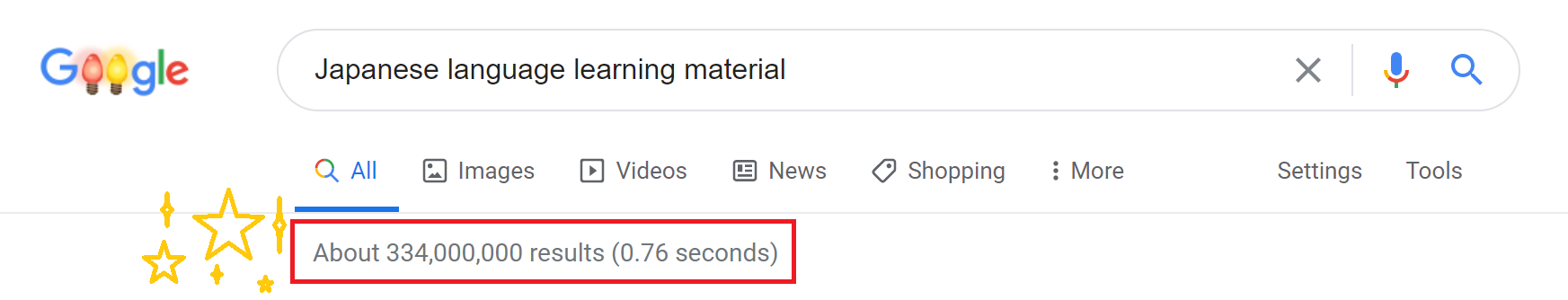 Google will return to you an insurmountably large list of results for Japanese language learning material, as seen in this image.