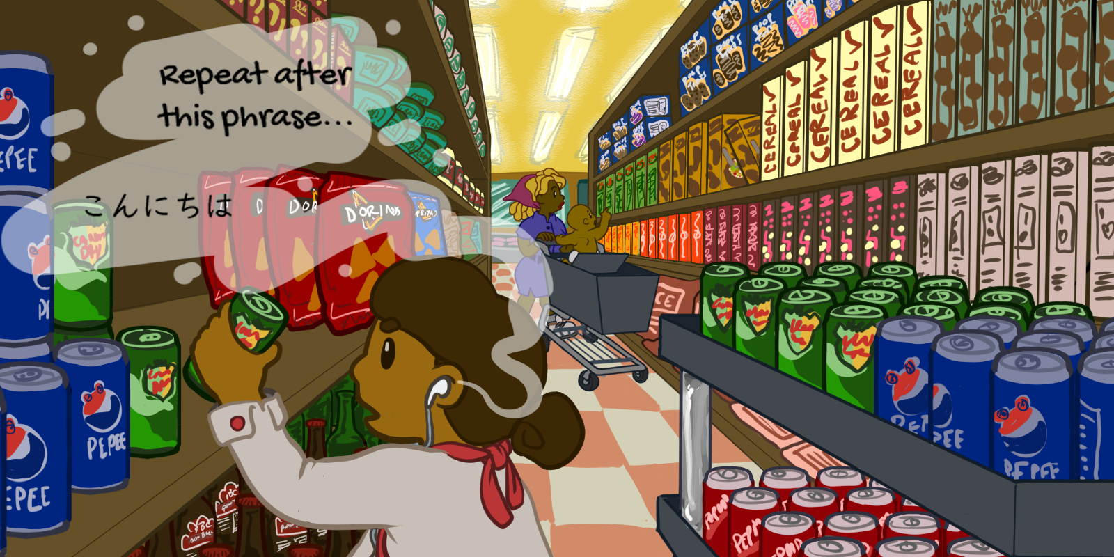 A girl stocking shelves at the grocery store, covertly listening to language learning audio via her headphones.
