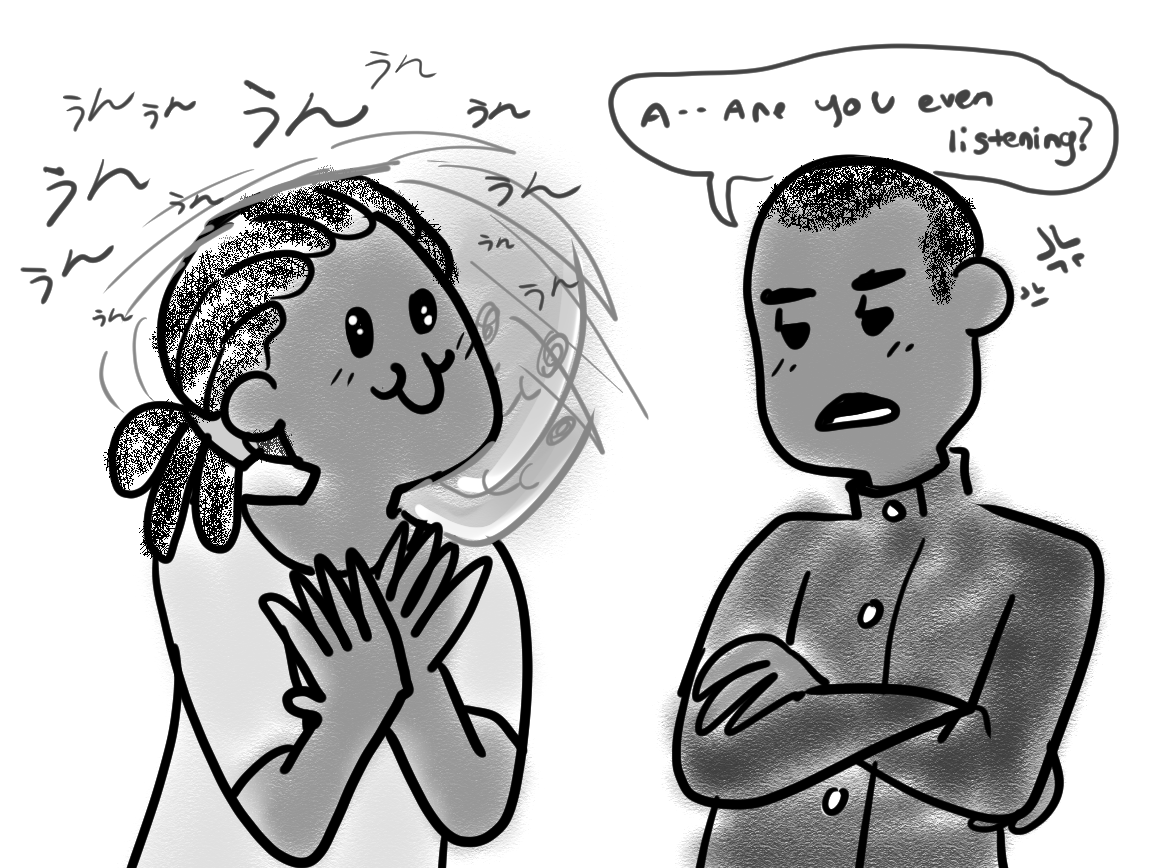 A guy voraciously nodding and saying うん to show he is listening, but the person he is talking to is skeptical.